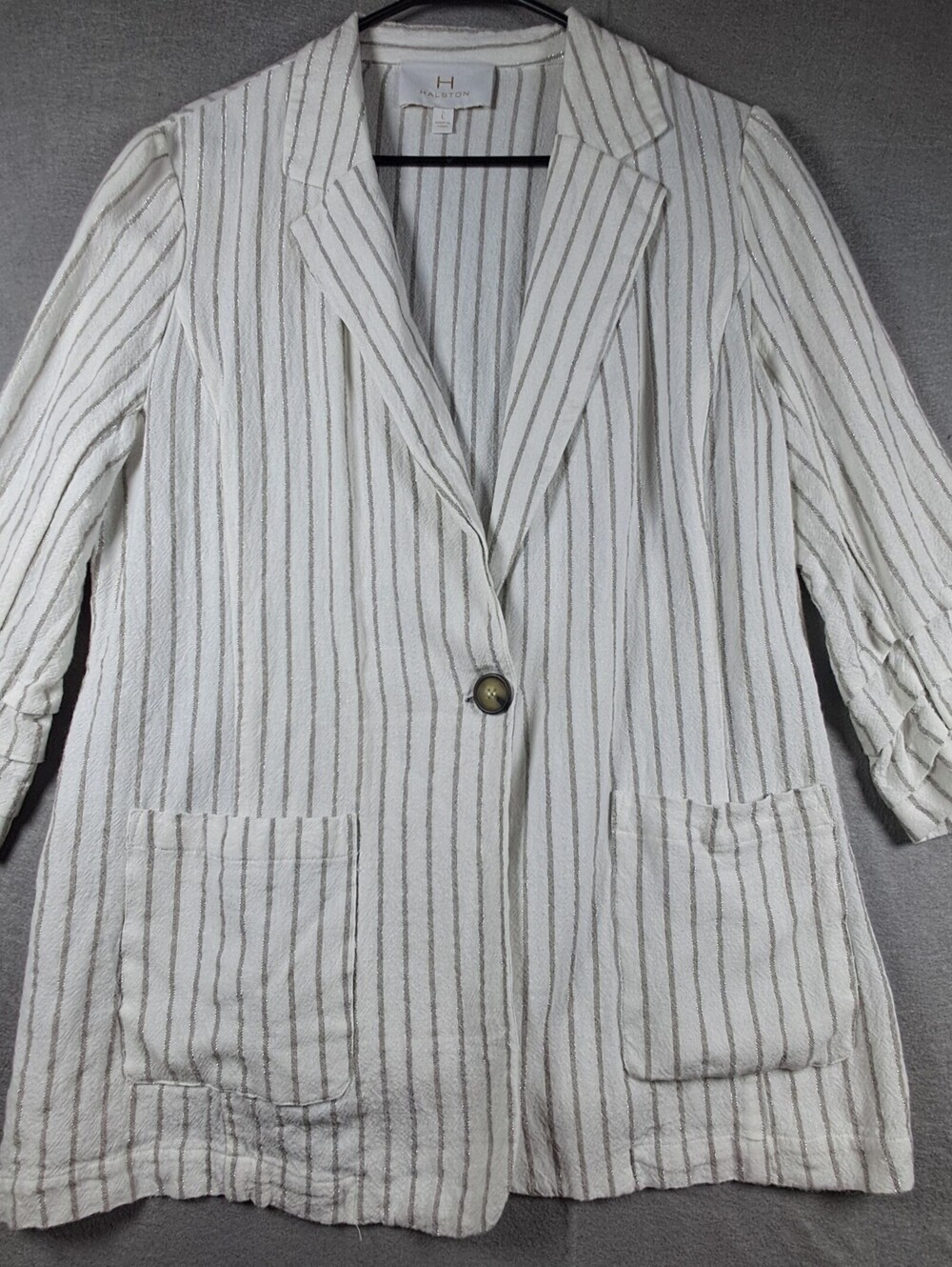 H Halston Women’s L Linen Blend Blazer White Gray Stripe Ruched 3/4 Sleeve